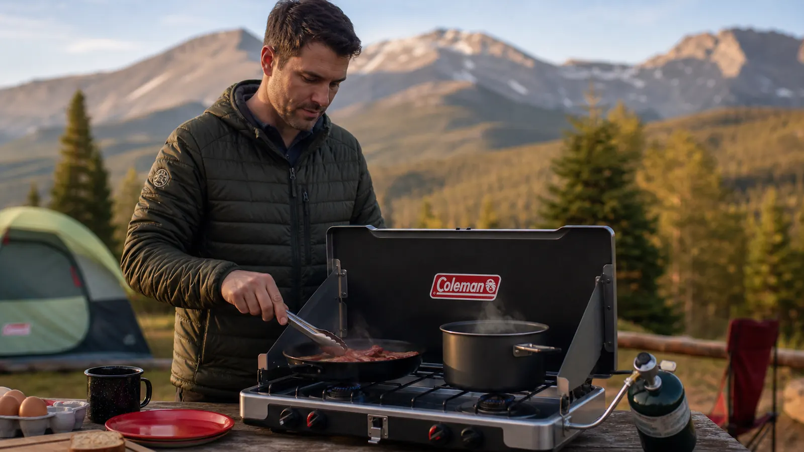 Hands adjusting the knob on a Coleman Triton two-burner stove while a pan simmers on the adjacent burner